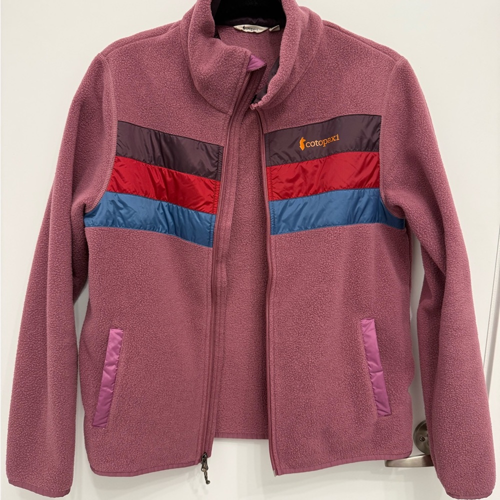 Cotopaxi Mauve Teddy Jacket with Red and Blue Panels